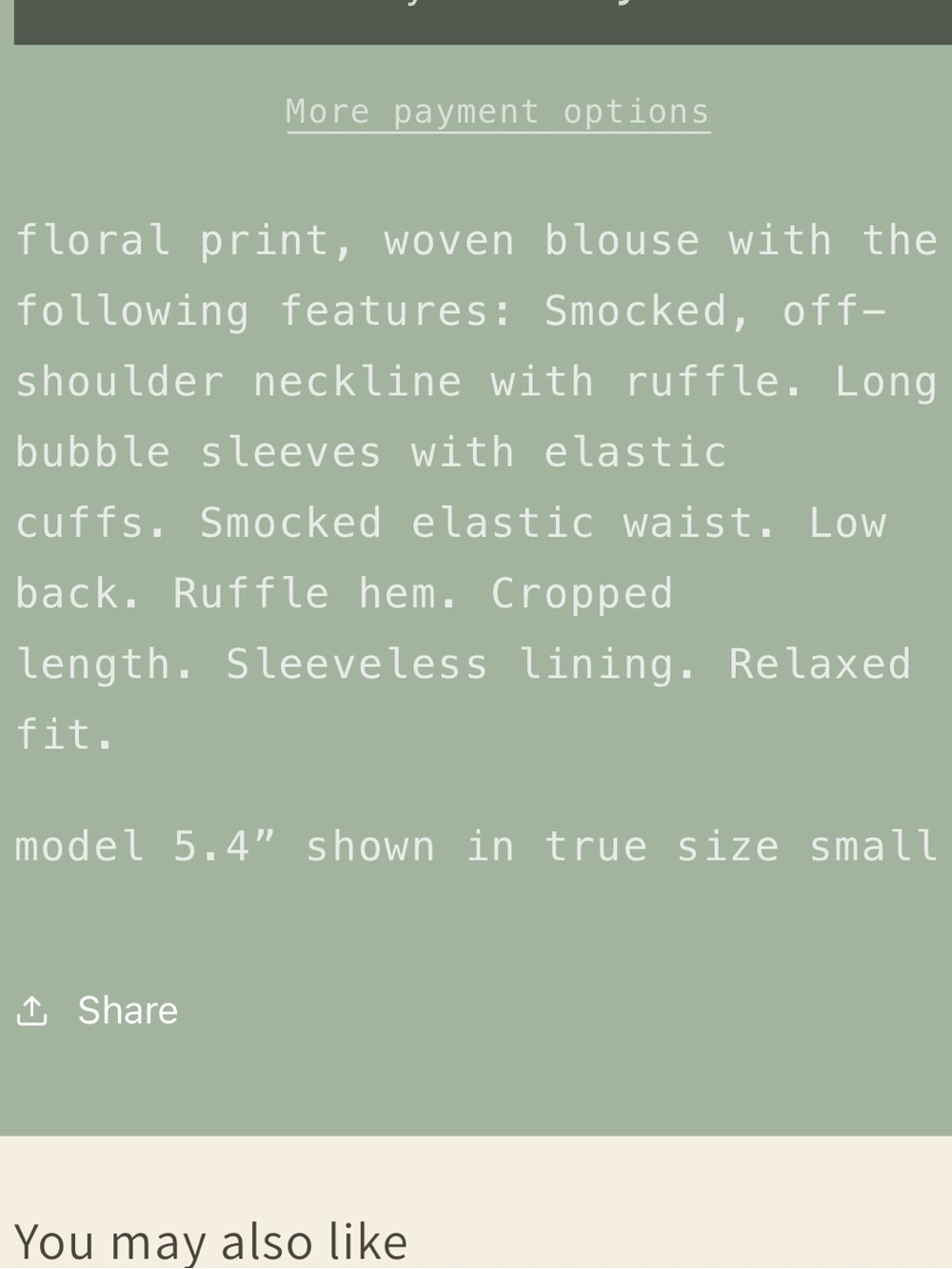 Promesa Floral Off Shoulder Crop Top. Size S - Picture 5 of 5